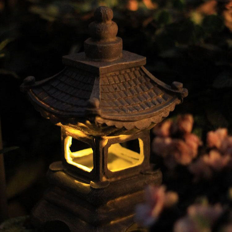 Japanese Zen Solar Pagoda Stone LED Outdoor Garden 1-Light