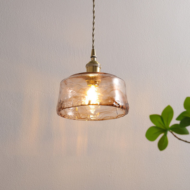 Vintage Amber Round Glass Brass Pendant Light 1-Light