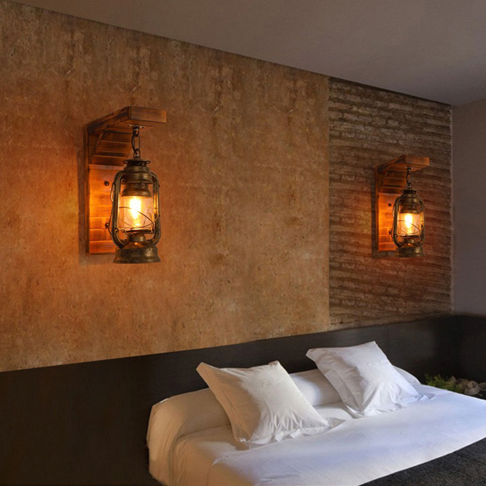 Lyros Lantern Vintage Wooden Rustic Wall Lamp