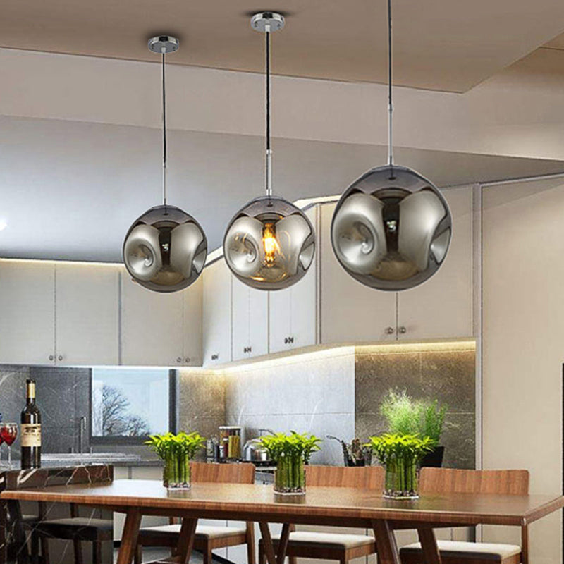 Modern Style 1 Bulb Pendant Light with Concave Glass Shade Silver/Red Global Hanging Light Fixture for Restaurant