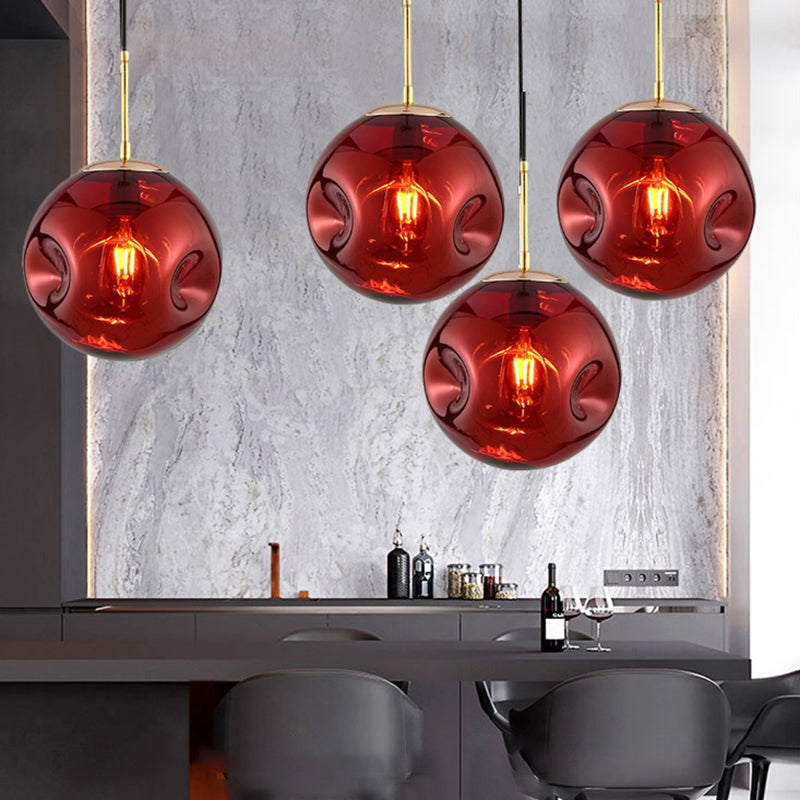 Modern Style 1 Bulb Pendant Light with Concave Glass Shade Silver/Red Global Hanging Light Fixture for Restaurant