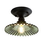 One Light Scalloped Semi Flush Light Industrial Clear/Green Ribbed Glass Lighting Fixture for Indoor