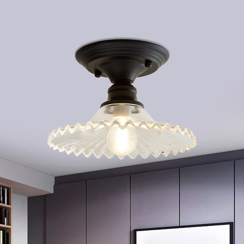 One Light Scalloped Semi Flush Light Industrial Clear/Green Ribbed Glass Lighting Fixture for Indoor
