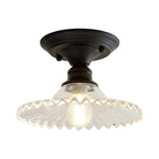 One Light Scalloped Semi Flush Light Industrial Clear/Green Ribbed Glass Lighting Fixture for Indoor