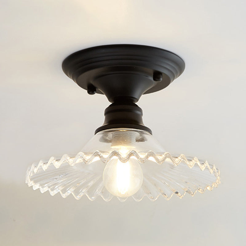 One Light Scalloped Semi Flush Light Industrial Clear/Green Ribbed Glass Lighting Fixture for Indoor