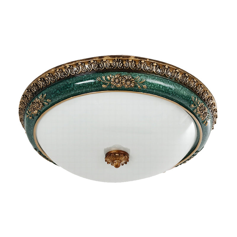 Green LED Flush Ceiling Light Fixture Retro Opal Glass Bowl Flushmount for Bedroom, 14"/16"/19.5" W
