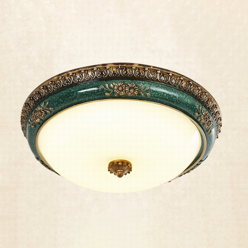 Green LED Flush Ceiling Light Fixture Retro Opal Glass Bowl Flushmount for Bedroom, 14"/16"/19.5" W
