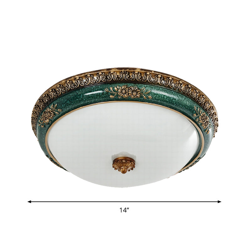Green LED Flush Ceiling Light Fixture Retro Opal Glass Bowl Flushmount for Bedroom, 14"/16"/19.5" W