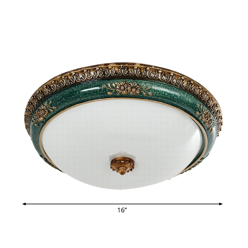 Green LED Flush Ceiling Light Fixture Retro Opal Glass Bowl Flushmount for Bedroom, 14"/16"/19.5" W