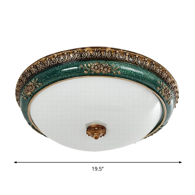 Green LED Flush Ceiling Light Fixture Retro Opal Glass Bowl Flushmount for Bedroom, 14"/16"/19.5" W