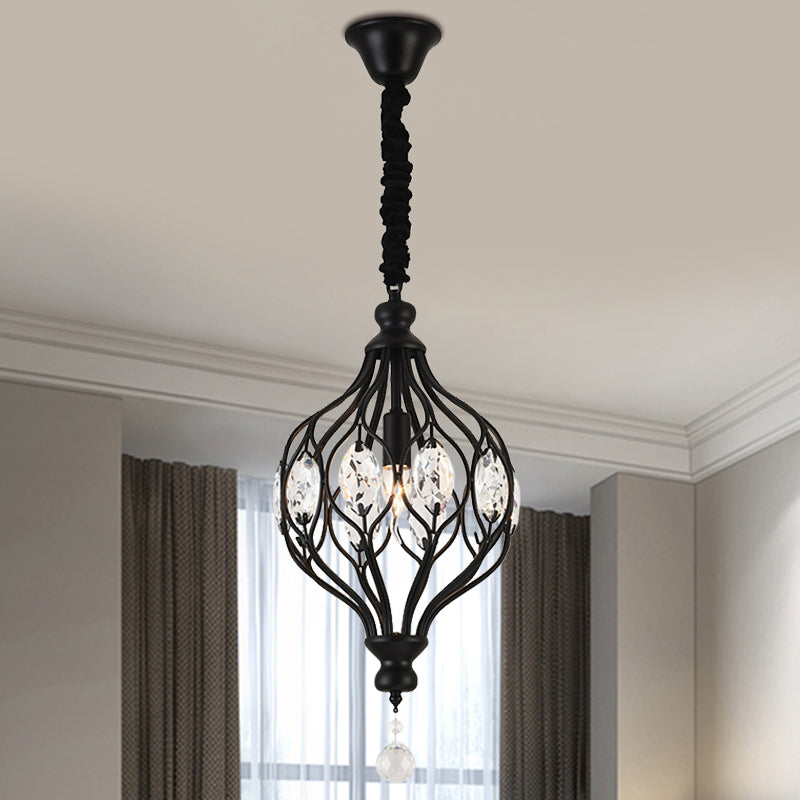 Lantern Bedroom Hanging Pendant Light Traditional Crystal 1 Bulb Black/Gold Ceiling Suspension Lamp