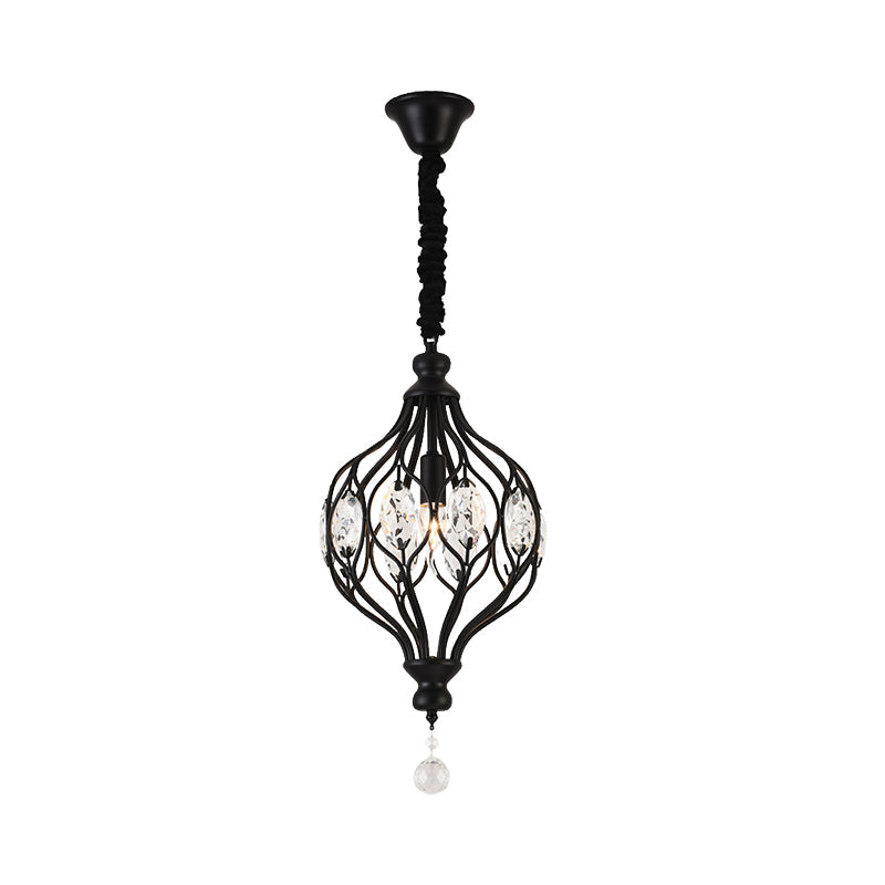 Lantern Bedroom Hanging Pendant Light Traditional Crystal 1 Bulb Black/Gold Ceiling Suspension Lamp