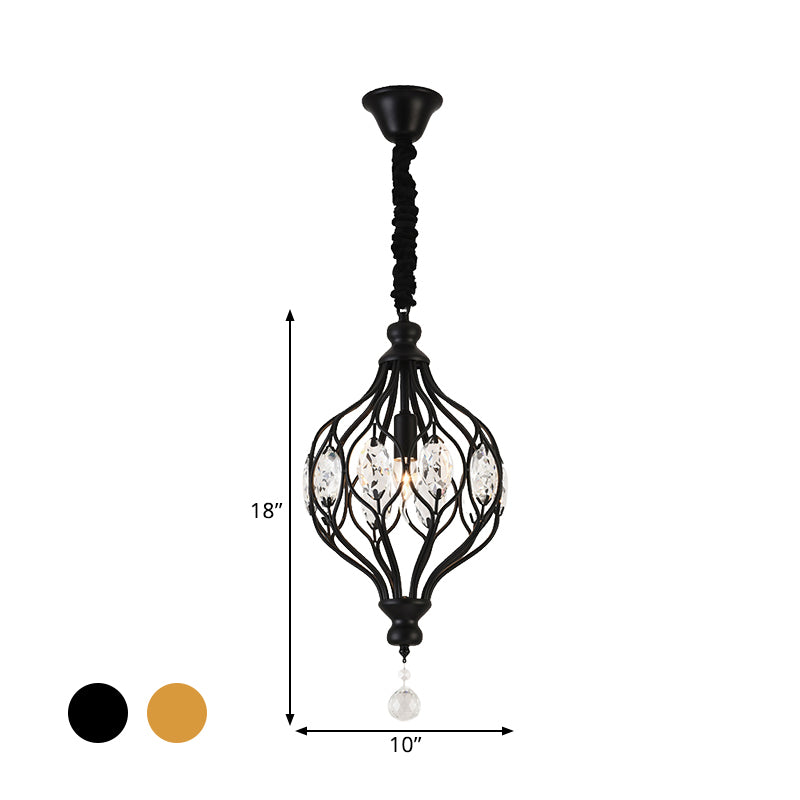 Lantern Bedroom Hanging Pendant Light Traditional Crystal 1 Bulb Black/Gold Ceiling Suspension Lamp