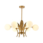 Sphere Ceiling Light Simplicity White/Pink/Cognac Glass 6-Bulb Drawing Room LED Hanging Chandelier with Leaf Decor
