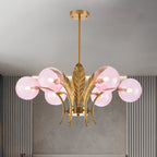 Sphere Ceiling Light Simplicity White/Pink/Cognac Glass 6-Bulb Drawing Room LED Hanging Chandelier with Leaf Decor