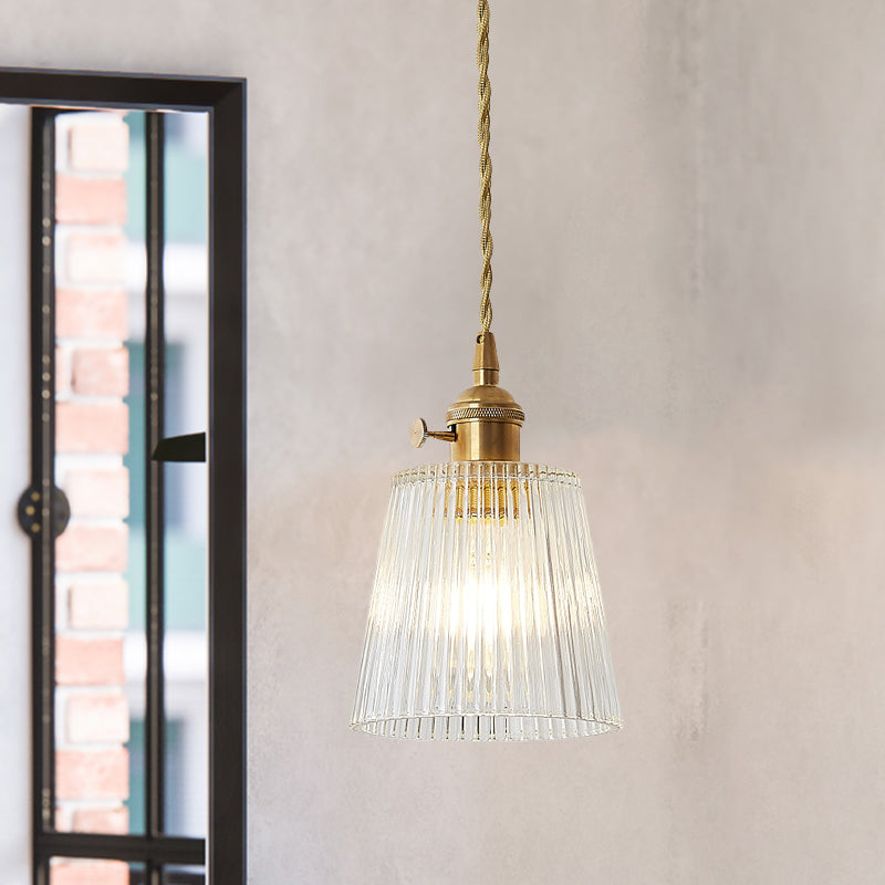 Contemporary Cone Hanging Ceiling Light 1 Light Ribbed Glass Pendant Lighting in Brass