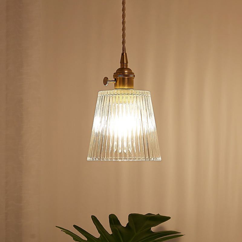 Contemporary Cone Hanging Ceiling Light 1 Light Ribbed Glass Pendant Lighting in Brass