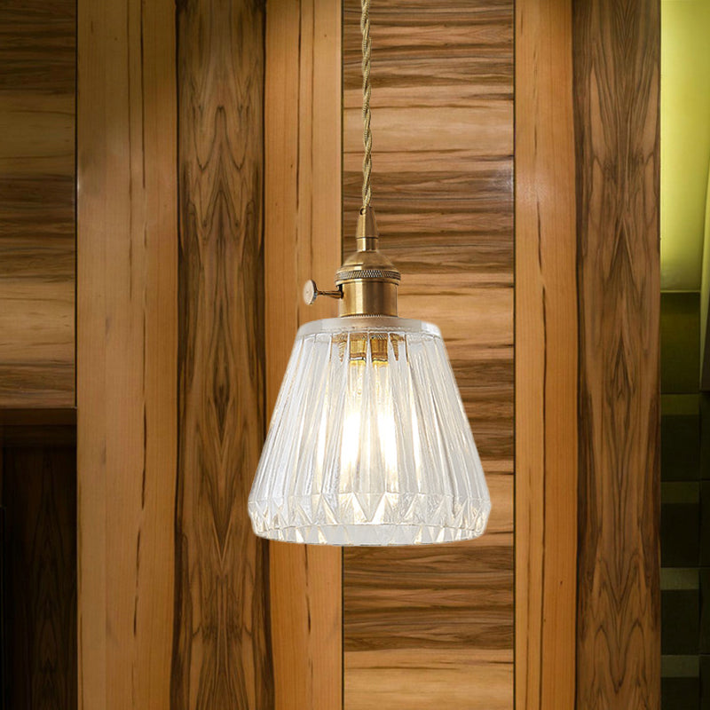 Contemporary Cone Hanging Ceiling Light 1 Light Ribbed Glass Pendant Lighting in Brass