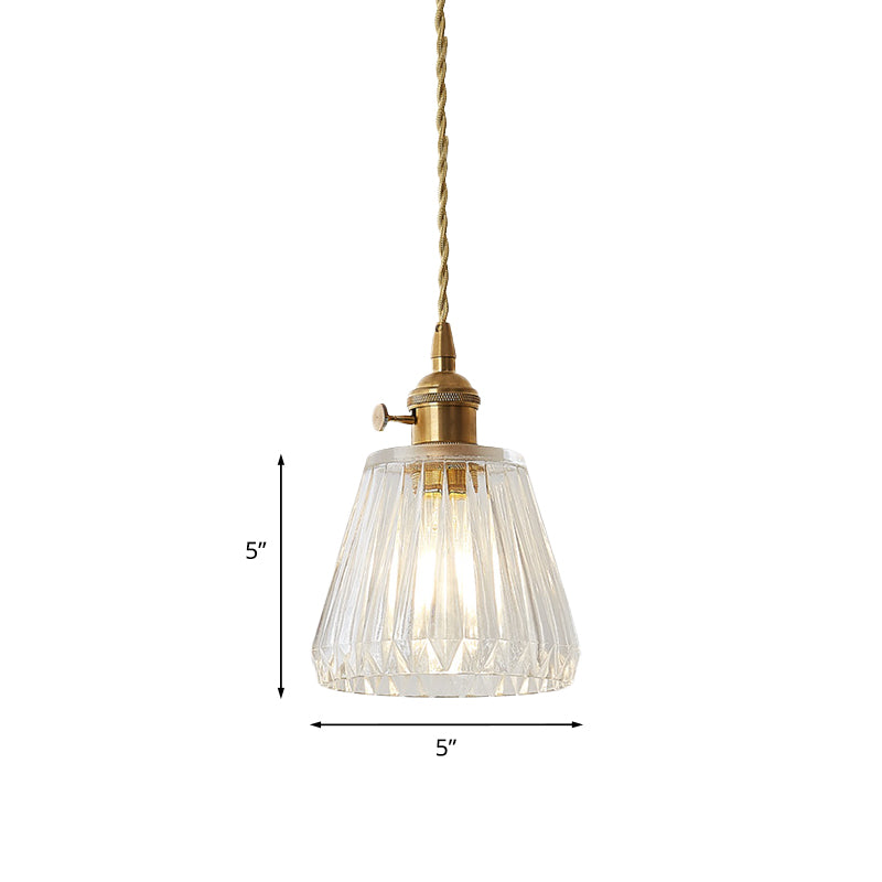 Contemporary Cone Hanging Ceiling Light 1 Light Ribbed Glass Pendant Lighting in Brass