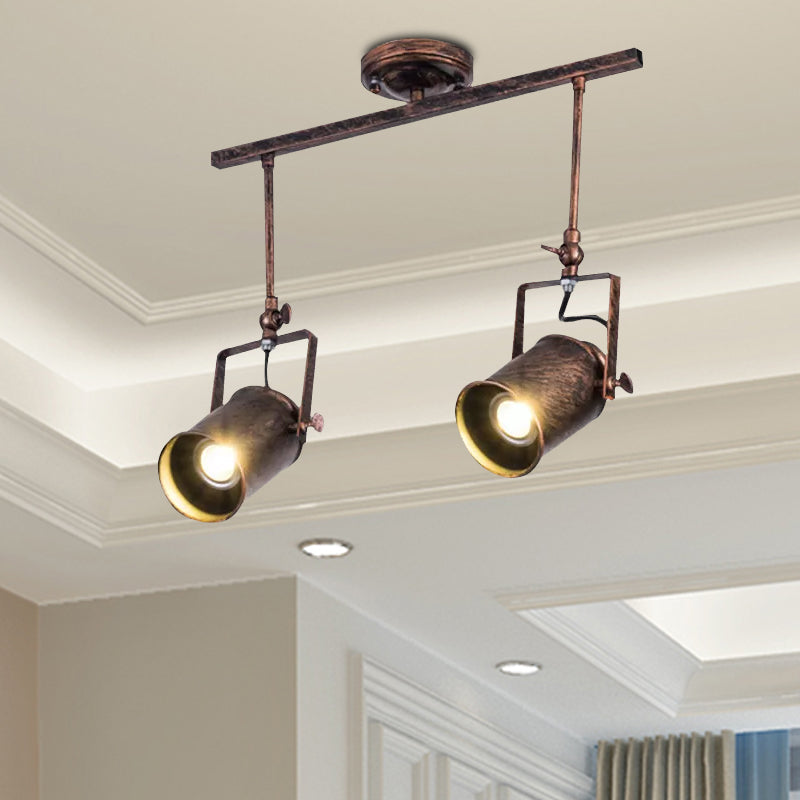 Antique Style Cylinder Track Light 1/2/3-Light Wrought Iron Semi-Flush Ceiling Light in Dark Rust for Coffee Shop