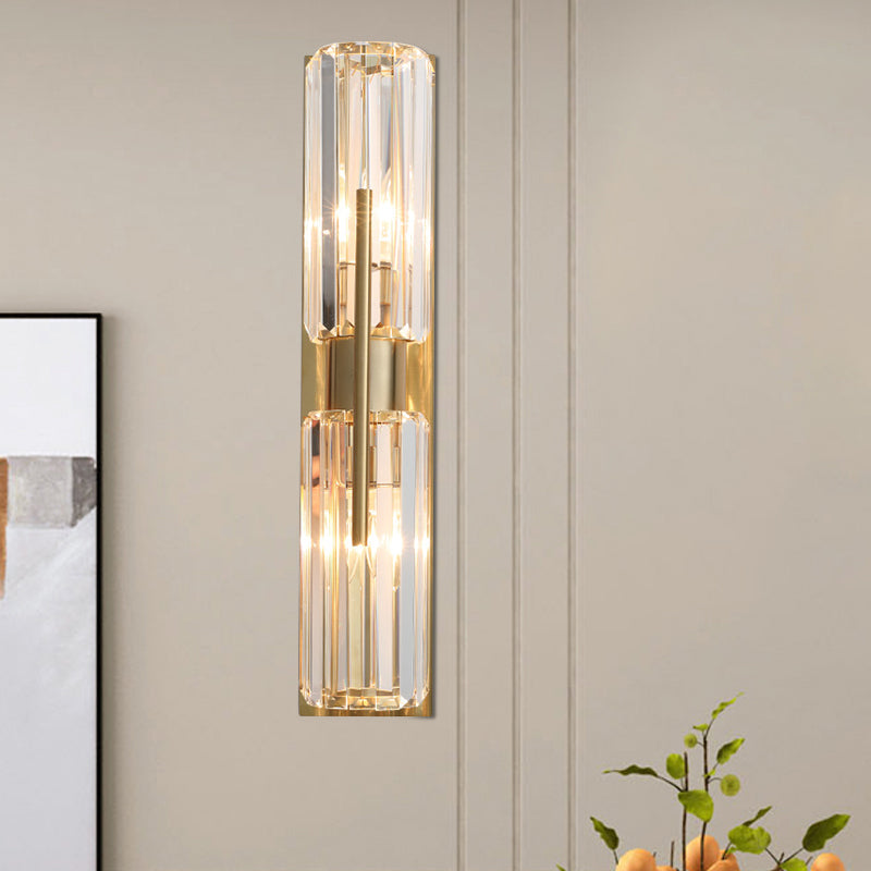 Traditional Tubular Flush Wall Sconce 2 Bulbs Clear Crystal Up and Down Wall Lighting in Gold