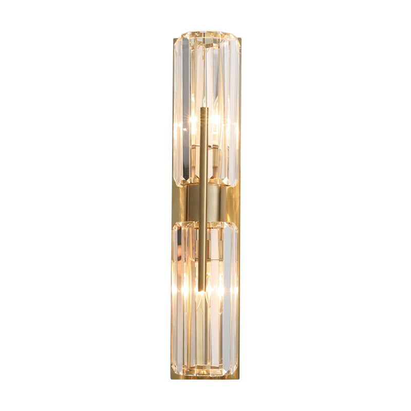 Traditional Tubular Flush Wall Sconce 2 Bulbs Clear Crystal Up and Down Wall Lighting in Gold