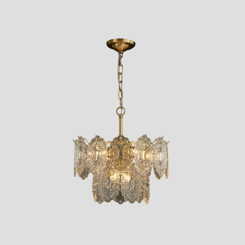 5/7 Heads Embossed Crystal Panels Chandelier Lamp Modern Gold Canopy Tapered Bedchamber Pendant Lighting, 15.5"/19.5" W