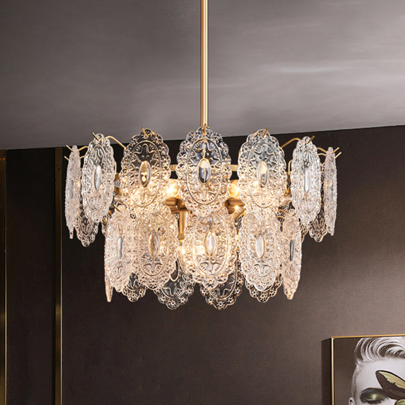 5/7 Heads Embossed Crystal Panels Chandelier Lamp Modern Gold Canopy Tapered Bedchamber Pendant Lighting, 15.5"/19.5" W