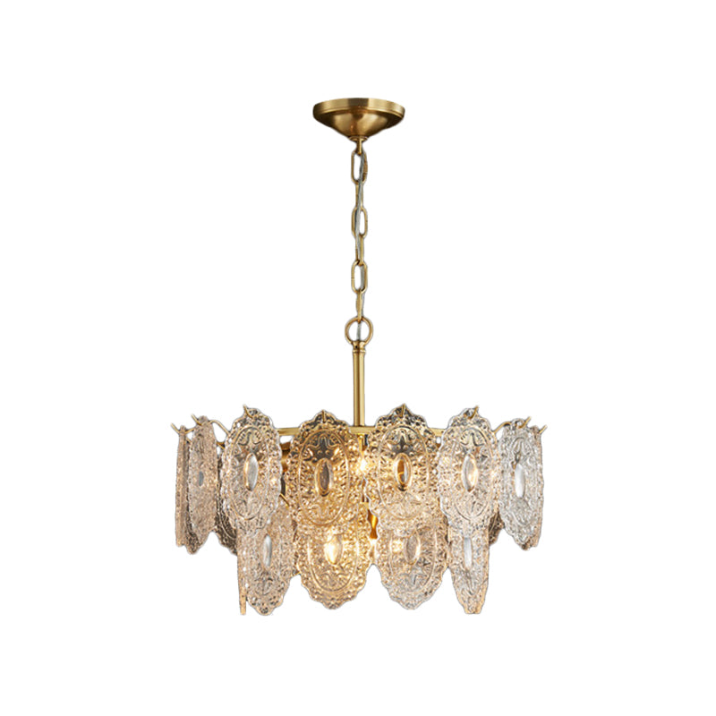 5/7 Heads Embossed Crystal Panels Chandelier Lamp Modern Gold Canopy Tapered Bedchamber Pendant Lighting, 15.5"/19.5" W