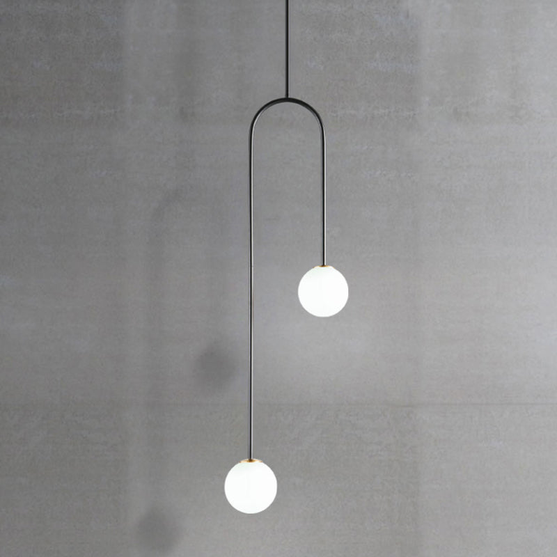 Black/Gold Ball Cluster Pendant Post-Modernist 2 Lights White Glass Led Ceiling Light Fixture with Bend Rod