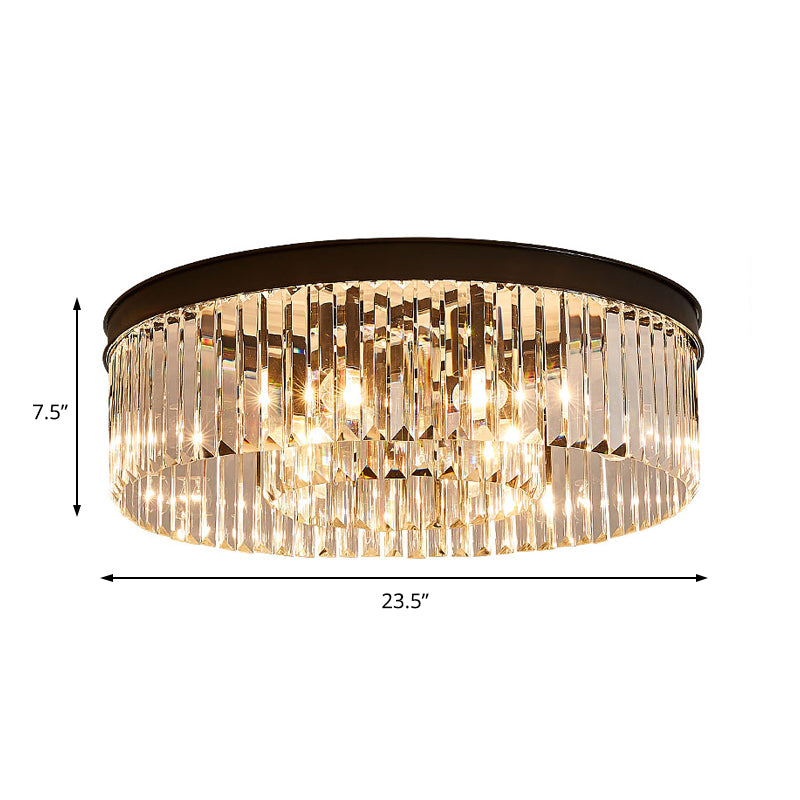 Vintage Circular Flush Mount Lighting Metal 4/6/8 Lights Ceiling Lamp with Clear Crystal Prism in Black