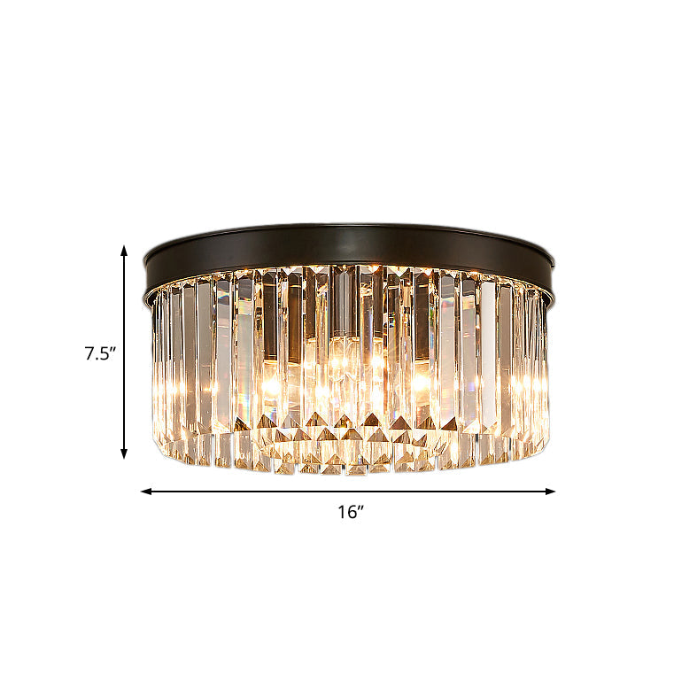 Vintage Circular Flush Mount Lighting Metal 4/6/8 Lights Ceiling Lamp with Clear Crystal Prism in Black