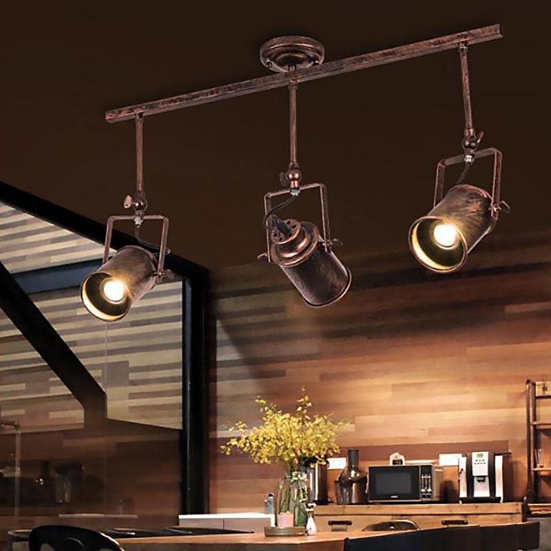 Antique Style Cylinder Track Light 1/2/3-Light Wrought Iron Semi-Flush Ceiling Light in Dark Rust for Coffee Shop