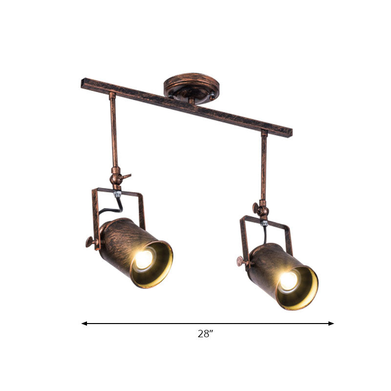 Antique Style Cylinder Track Light 1/2/3-Light Wrought Iron Semi-Flush Ceiling Light in Dark Rust for Coffee Shop