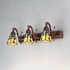 3 Heads Leaf Vanity Light Rustic Loft Stained Glass Makeup Mirror Light with Linear Backplate in Copper/Antique Brass/Gold