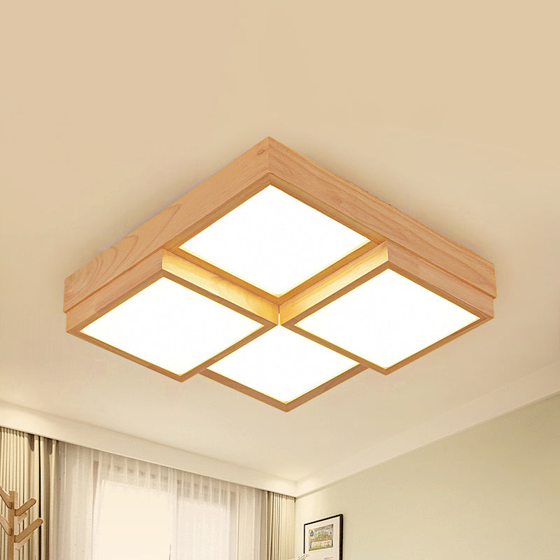 Natural Wood Square Flush Light Modern 4/6/9-Light Wooden LED Ceiling Lamp in Warm/White/Natural Light