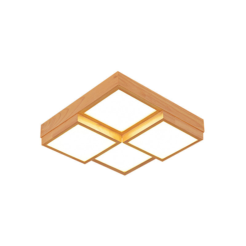 Natural Wood Square Flush Light Modern 4/6/9-Light Wooden LED Ceiling Lamp in Warm/White/Natural Light