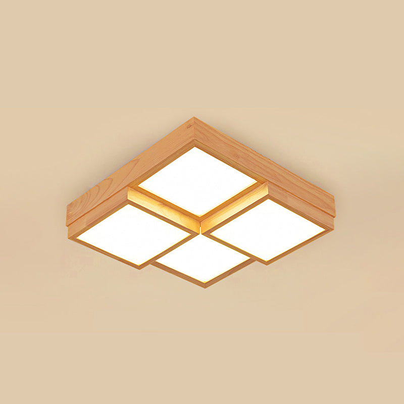Natural Wood Square Flush Light Modern 4/6/9-Light Wooden LED Ceiling Lamp in Warm/White/Natural Light