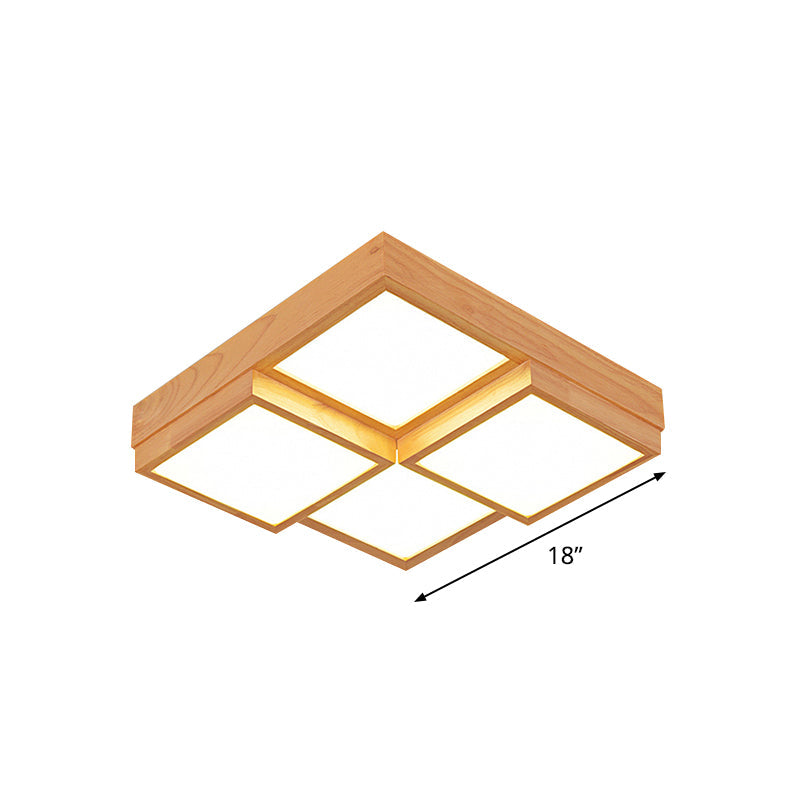 Natural Wood Square Flush Light Modern 4/6/9-Light Wooden LED Ceiling Lamp in Warm/White/Natural Light