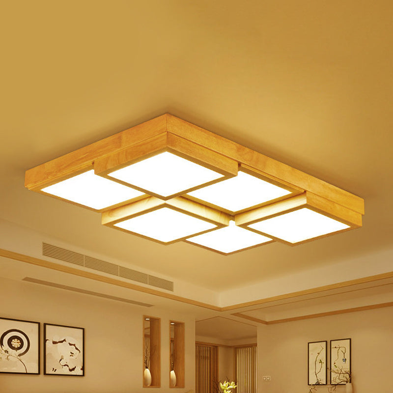 Natural Wood Square Flush Light Modern 4/6/9-Light Wooden LED Ceiling Lamp in Warm/White/Natural Light