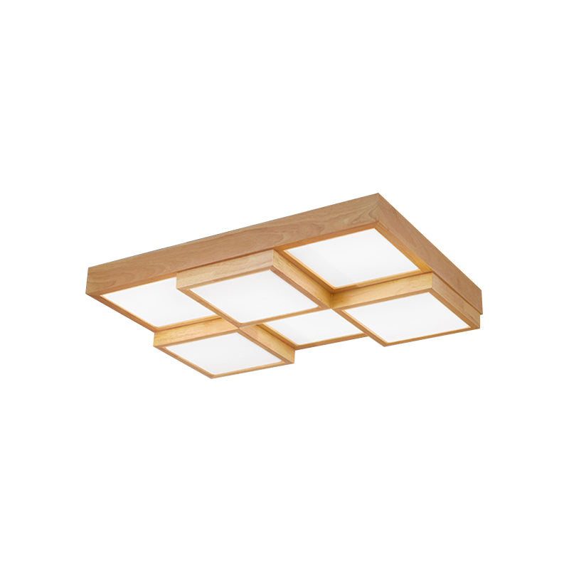 Natural Wood Square Flush Light Modern 4/6/9-Light Wooden LED Ceiling Lamp in Warm/White/Natural Light