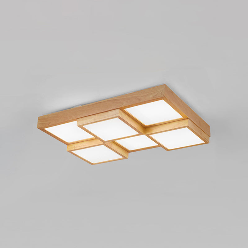 Natural Wood Square Flush Light Modern 4/6/9-Light Wooden LED Ceiling Lamp in Warm/White/Natural Light