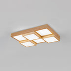 Natural Wood Square Flush Light Modern 4/6/9-Light Wooden LED Ceiling Lamp in Warm/White/Natural Light