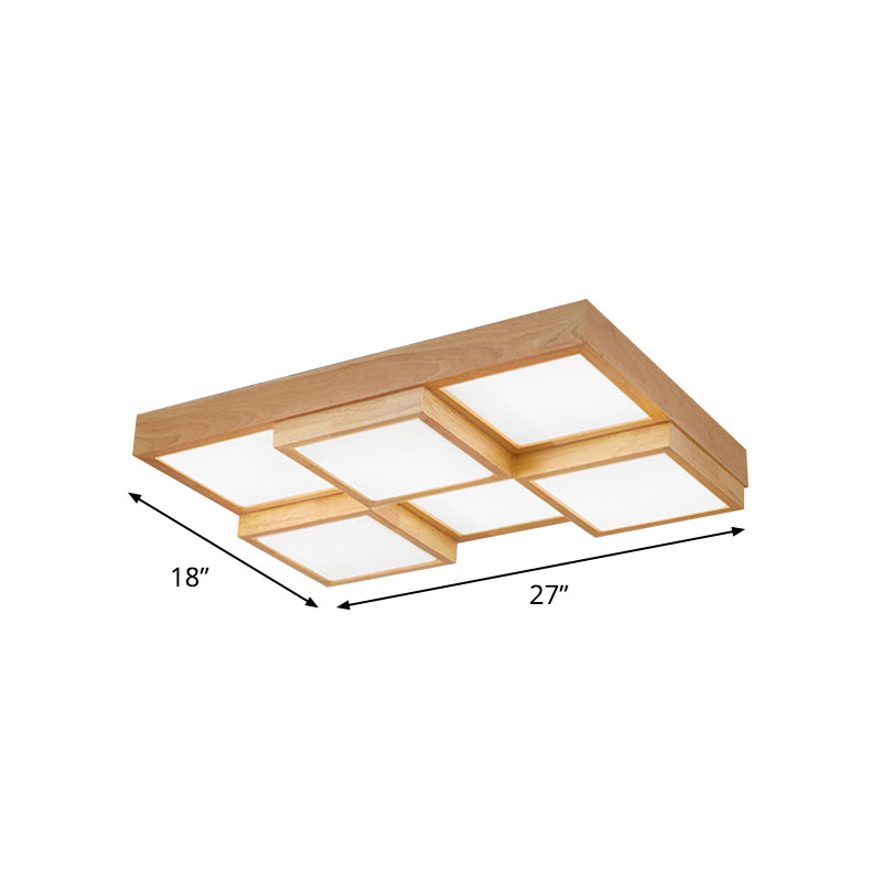 Natural Wood Square Flush Light Modern 4/6/9-Light Wooden LED Ceiling Lamp in Warm/White/Natural Light