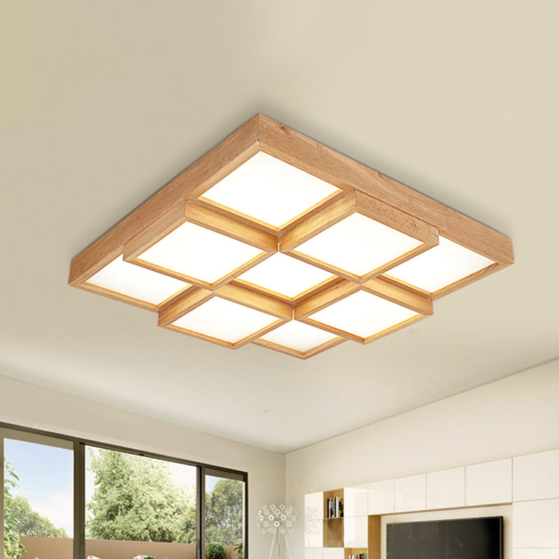 Natural Wood Square Flush Light Modern 4/6/9-Light Wooden LED Ceiling Lamp in Warm/White/Natural Light