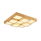 Natural Wood Square Flush Light Modern 4/6/9-Light Wooden LED Ceiling Lamp in Warm/White/Natural Light