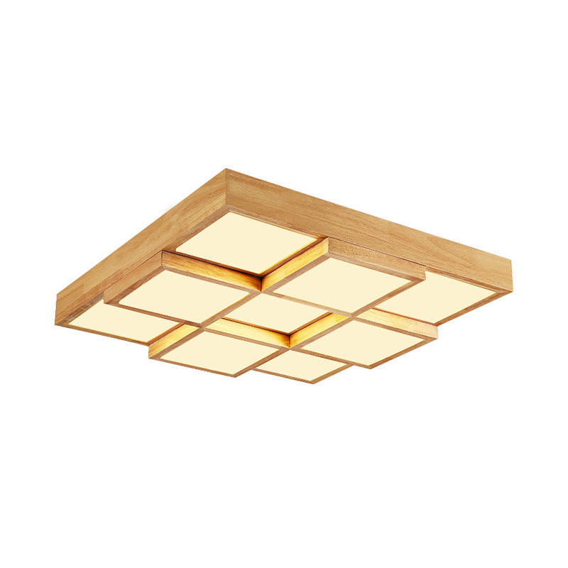 Natural Wood Square Flush Light Modern 4/6/9-Light Wooden LED Ceiling Lamp in Warm/White/Natural Light
