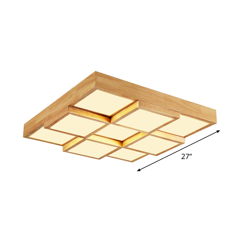 Natural Wood Square Flush Light Modern 4/6/9-Light Wooden LED Ceiling Lamp in Warm/White/Natural Light