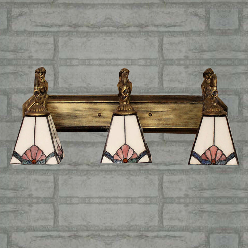 Trapezoid Wall Mount Light Tiffany White Glass 3 Lights Brass Vanity Light Fixture with Mermaid Decoration