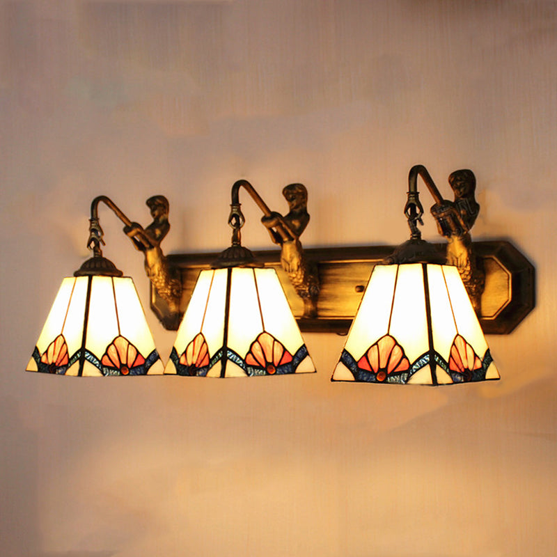 Trapezoid Wall Mount Light Tiffany White Glass 3 Lights Brass Vanity Light Fixture with Mermaid Decoration